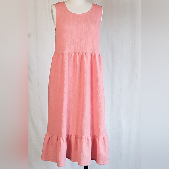 Coral Pink Sleeveless Midi Dress With Ruffle And Pockets - Picture 2 of 8